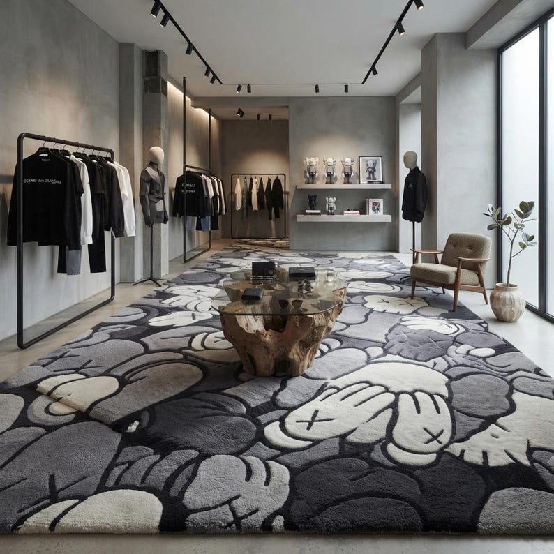 Luxury hand tufted New Zealand wool rug featuring a bold monochrome contemporary character-inspired design in black, white, and grey. Plush carved texture adds depth and softness while creating a modern artistic statement for living rooms, bedrooms, offices, and stylish interiors with premium handcrafted quality.