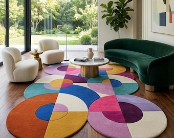 Abstract Colorful Area Rug Hand Tufted Wool Mid Century Modern Geometric Floor Rug Large Living Room Rug Custom Size 8x10 9x12 Modern Rug
