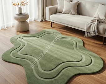 Hand-Tufted Wool Rug: Abstract Green Wavy, Irregular Shape