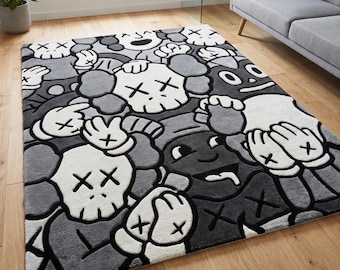 Monochrome Character KAWS Inspired Hand Tufted Wool Rug, Abstract Grey & White Area Rug, Modern Pop Art Floor Decor, Luxury Handmade Rug.