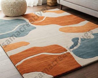 Hand-Tufted Wool Abstract Area Rug: Orange, Blue, and Off-White