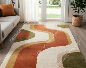 Hand-Tufted Wool Rug: Mid-Century Modern Wavy Abstract Shag