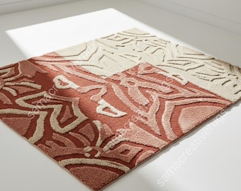 May include: A rectangular rug with a geometric design in shades of red, beige, and cream. The rug is divided into quadrants, with each featuring a different pattern. The rug is made of a soft, textured material.