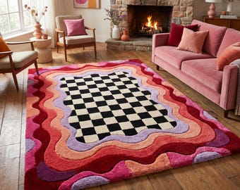 Handgetuft wollen dambordkleed – golvend, abstract geruit woonkamertapijt