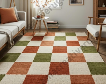 Hand-Tufted Wool Checkered Rug: Orange & Green Plaid, Abstract Decor