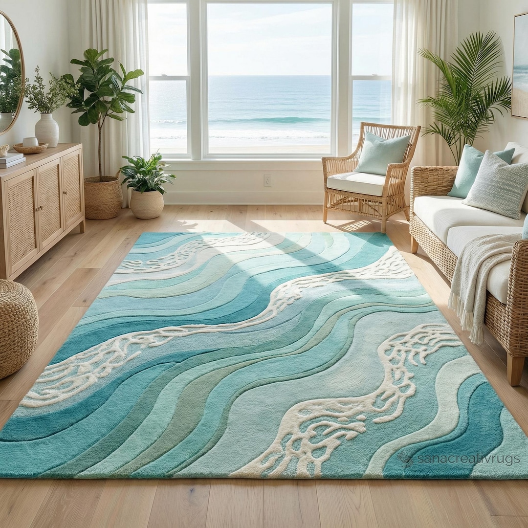 Hand-tufted Wool Ocean Wave Rug – Teal Blue Aqua Coastal Carpet - Etsy