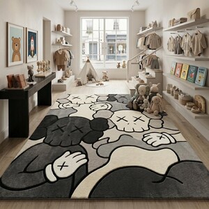 Striking modern rug in a minimalist living room. It features a dense wool texture and an abstract pattern of overlapping Kaws style companion figures with crossed eyes and gloved hands, rendered in rich shades of cream, light grey, dark grey, and black. The plush hand-carved design feels upscale and contemporary on a warm wood floor.