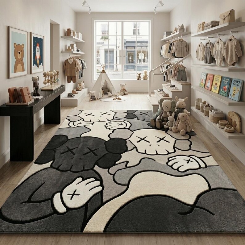 Striking modern rug in a minimalist living room. It features a dense wool texture and an abstract pattern of overlapping Kaws style companion figures with crossed eyes and gloved hands, rendered in rich shades of cream, light grey, dark grey, and black. The plush hand-carved design feels upscale and contemporary on a warm wood floor.