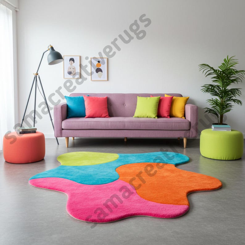 Hand-tufted Wool Rug: Abstract Modern Art, Pink Orange Blue Green - Etsy