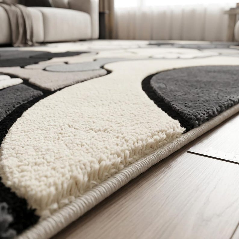 Striking modern rug in a minimalist living room. It features a dense wool texture and an abstract pattern of overlapping Kaws style companion figures with crossed eyes and gloved hands, rendered in rich shades of cream, light grey, dark grey, and black. The plush hand-carved design feels upscale and contemporary on a warm wood floor.