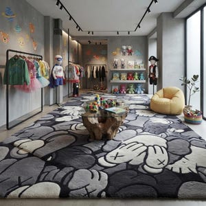 Luxury hand tufted New Zealand wool rug featuring a bold monochrome contemporary character-inspired design in black, white, and grey. Plush carved texture adds depth and softness while creating a modern artistic statement for living rooms, bedrooms, offices, and stylish interiors with premium handcrafted quality.