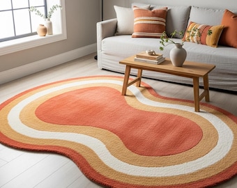 Retro Abstract Wool Rug | Burnt Orange Wavy Area Rug