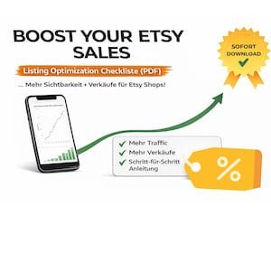 Könnte beinhalten: Grafik zur Förderung des Etsy-Verkaufs mit dem Text "BOOST YOUR ETSY SALES". Sie enthält ein Smartphone, das ein Diagramm anzeigt, eine Checkliste mit Vorteilen und ein gelbes Etikett mit einem Prozentzeichen. Ein goldener Stern weist auf "SOFORT DOWNLOAD" hin.