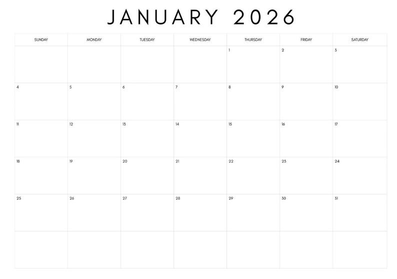 Digitaler 2026 Kalender zum Ausdrucken | Minimalistischer