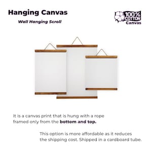 May include: Three white canvas prints with wooden frames, hanging from a rope. The text "Hanging Canvas" and "Wall Hanging Scroll" are at the top. The prints are framed only at the top and bottom.