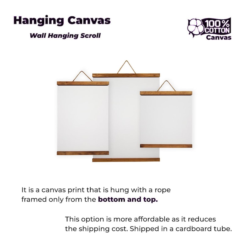 May include: Three white canvas prints with wooden frames, hanging from a rope. The text "Hanging Canvas" and "Wall Hanging Scroll" are at the top. The prints are framed only at the top and bottom.
