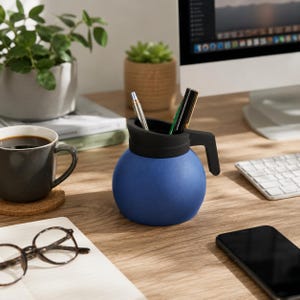 May include: A spherical blue desk organizer with a black rim and a black handle, functioning as a pen holder. The container has a textured matte finish and holds two pens upright. It is designed for desktop storage and organization of writing tools.