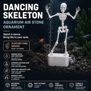 Peut inclure: Un ornement d'aquarium en forme de squelette blanc avec une pierre à air, dans une pose dansante sur une base rectangulaire avec ventouse. Le texte indique : ESDEKORIUM, DANCING SKELETON, AQUARIUM AIR STONE ORNAMENT, SUPPORT-FREE DESIGN, EASY TO PRINT.