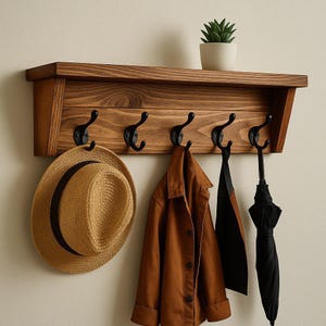 May include: A wooden wall-mounted coat rack with five black hooks. A straw hat, brown jacket, black scarf, and black umbrella hang from the hooks. A small potted plant sits on the shelf above.