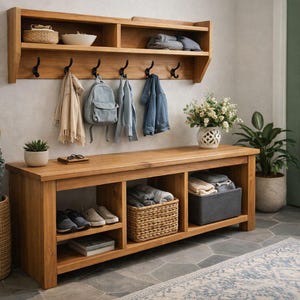 Può includere: Un set di mobili da ingresso in legno composto da una mensola a muro con sei ganci in metallo nero e una panca abbinata con tre scomparti aperti, che include un cesto intrecciato e un contenitore in tessuto grigio scuro.