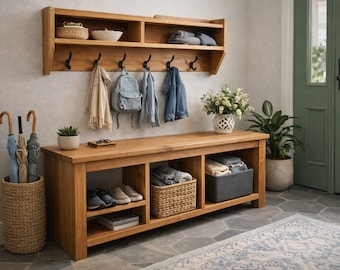 Entryway Bench Set with Wall Shelf & Hooks | Solid Wood Shoe Storage Bench + Coat Rack Shelf | Handmade Mudroom Furniture