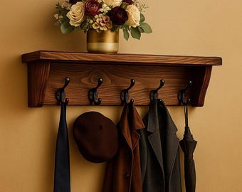 Wall Coat Rack With Shelf | Solid Wood Entryway Hooks