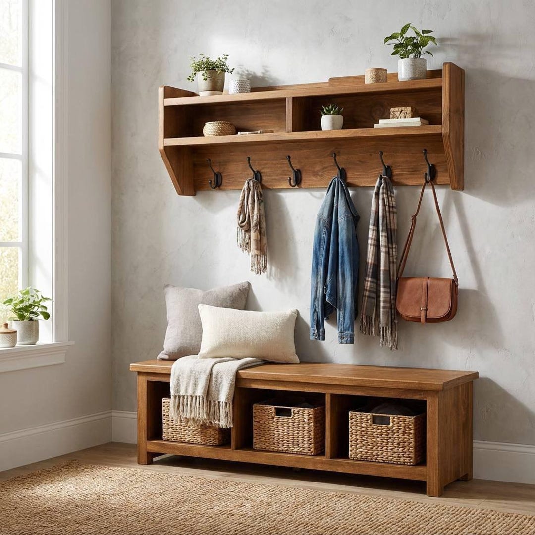 Entryway Bench With Coat Rack Set | Shoe Storage & Wall Hooks | Solid ...