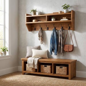 Könnte beinhalten: Ein hölzernes Garderobenmöbel mit warmer, natürlicher Oberfläche. Das Möbelstück verfügt über eine Bank mit Aufbewahrungskörben, ein Regal mit dekorativen Gegenständen und Haken zum Aufhängen von Mänteln und Taschen. Eine Jeansjacke und ein Schal hängen an den Haken.