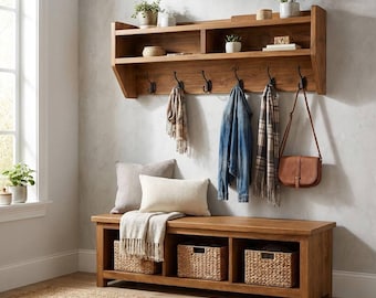 Entryway Organizer & Bench Set – Wooden Wall Shelf with Hooks and Storage Bench – Mudroom Hallway Furniture Set