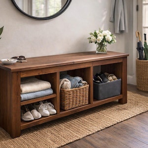 Solid Wood Bench with Deep Shelves – Large Handmade Bench for Entryway, Hallway or Bedroom Seating image 1