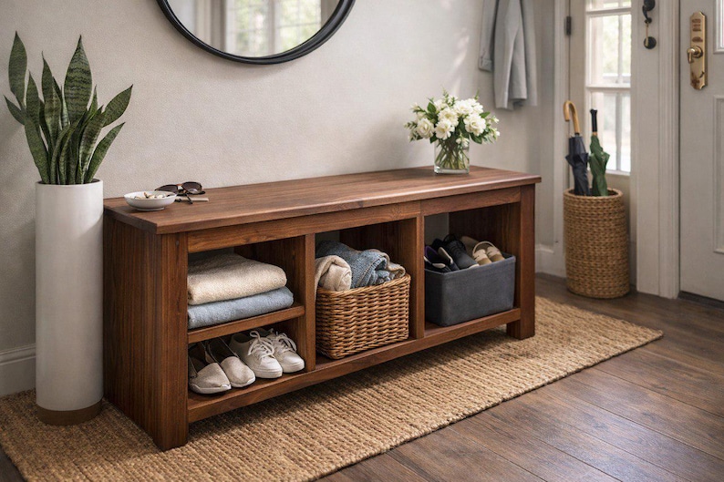 Solid Wood Bench with Deep Shelves – Large Handmade Bench for Entryway, Hallway or Bedroom Seating image 1