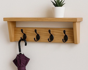 Wall Coat Rack with Shelf | Entryway Organizer with Hooks | Solid Wood Storage