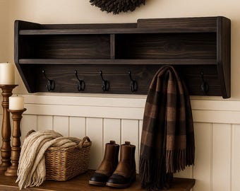 Wall Coat Rack with Shelf | Solid Wood Entryway Organizer with Hooks