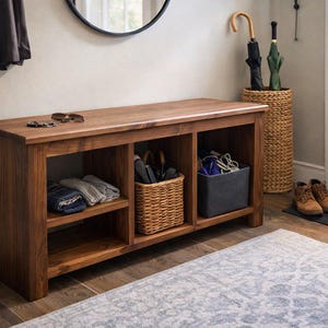 Solid Wood Bench with Deep Shelves – Large Handmade Bench for Entryway, Hallway or Bedroom Seating image 5