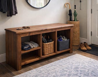 Solid Wood Entryway Storage Bench with Deep Shelves | Large Mudroom Bench, Shoe Storage Bench, Hallway Bench with Storage