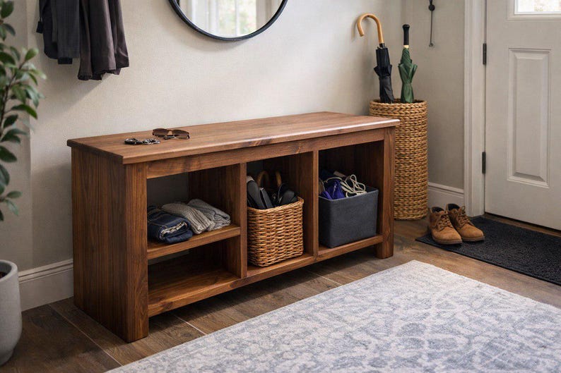 Solid Wood Bench with Deep Shelves – Large Handmade Bench for Entryway, Hallway or Bedroom Seating image 5