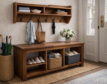Shoe Storage Bench & Wall Coat Hook Shelf Set | Solid Wood Mudroom Organizer | Hallway Entryway Bench with Open Compartments