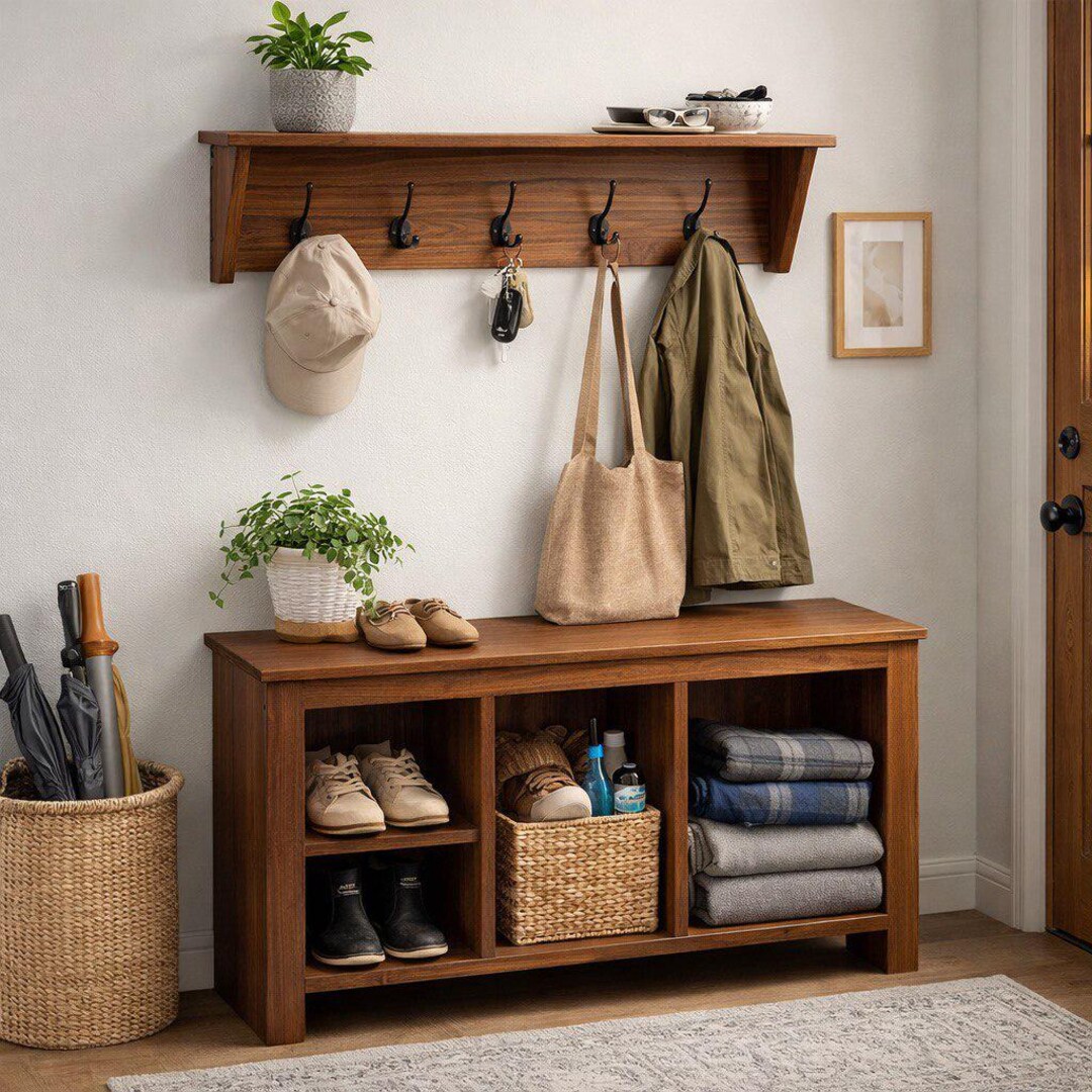 Solid Wood Entryway Storage Set With Coat Rack Hooks & Shoe Bench ...