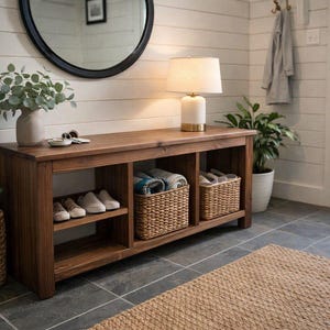 Solid Wood Bench with Deep Shelves – Large Handmade Bench for Entryway, Hallway or Bedroom Seating image 4
