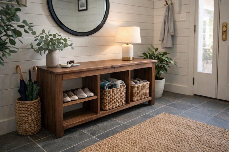 Solid Wood Bench with Deep Shelves – Large Handmade Bench for Entryway, Hallway or Bedroom Seating image 4