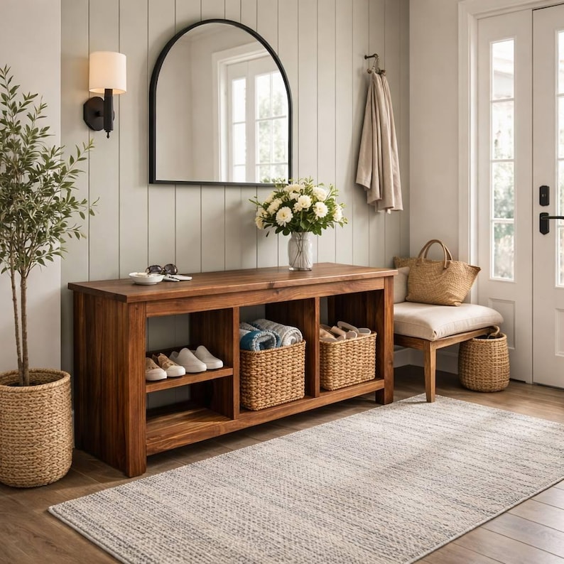 Solid Wood Bench with Deep Shelves – Large Handmade Bench for Entryway, Hallway or Bedroom Seating image 2