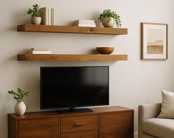 Rustic Floating Shelves Set of 2 – Solid Wood Wall Shelves | Farmhouse & Modern Decor | Handmade Natural Wood Shelf Set