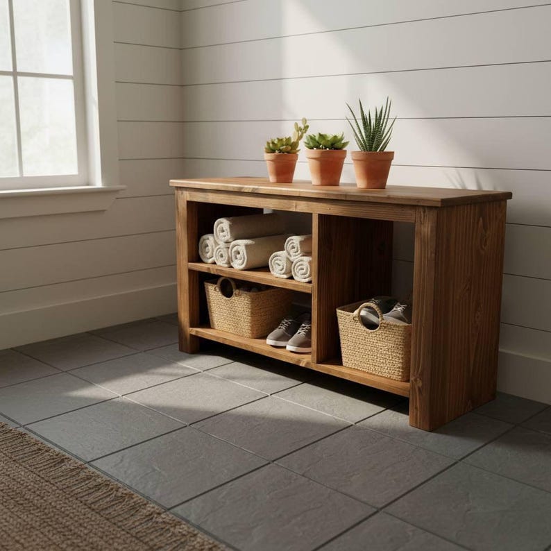 Solid Wood Bench with Deep Shelves – Large Handmade Bench for Entryway, Hallway or Bedroom Seating image 12