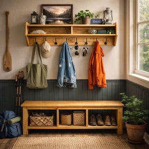May include: A wooden hallway bench and shelf unit with hooks, displaying various items. A green tote bag, a denim jacket, and an orange jacket hang from the hooks. A landscape painting and an "Idaho" sign are on the shelf.