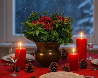 Christmas Pine & Kokina Floral Arrangement: Antique Brass Tulip Vase