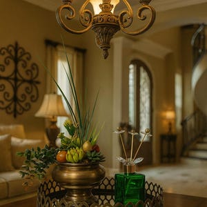 Pode incluir: Centro de mesa decorativo sobre uma mesa de madeira, com uma tigela de latão cheia de vegetação e frutas. Uma garrafa de vidro verde com palitos decorativos fica perto em uma bandeja de latão. Um lustre ornamentado pende acima.