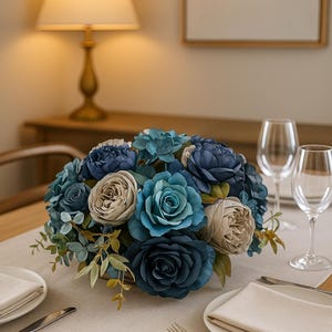 Handmade Rose Flower Arrangement – Silver Plated Fluted Vase with Artificial Roses, Elegant Floral Centerpiece