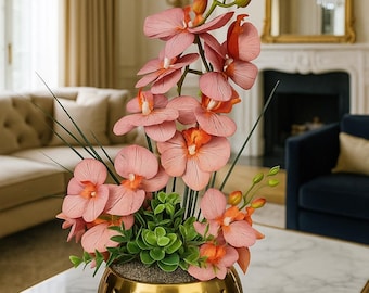 人工蘭のセンターピース - アンティーク真鍮の花瓶に入ったダブルステムのフェイク蘭（ホームデコレーション用）