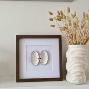 Puede incluir: Una obra de arte enmarcada con dos conchas blancas sobre un fondo blanco, dentro de un marco de madera marrón. Junto al marco, un jarrón blanco con diseño texturizado contiene hierba ornamental beige seca. La obra está expuesta en una estantería blanca.