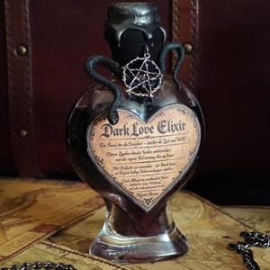 Dark Love Elixir Flasche – Gothic Deko mit Farbwechsel | Witchcore Potion Bottle | Halloween Hexen Dekoration | Magische Glasflasche